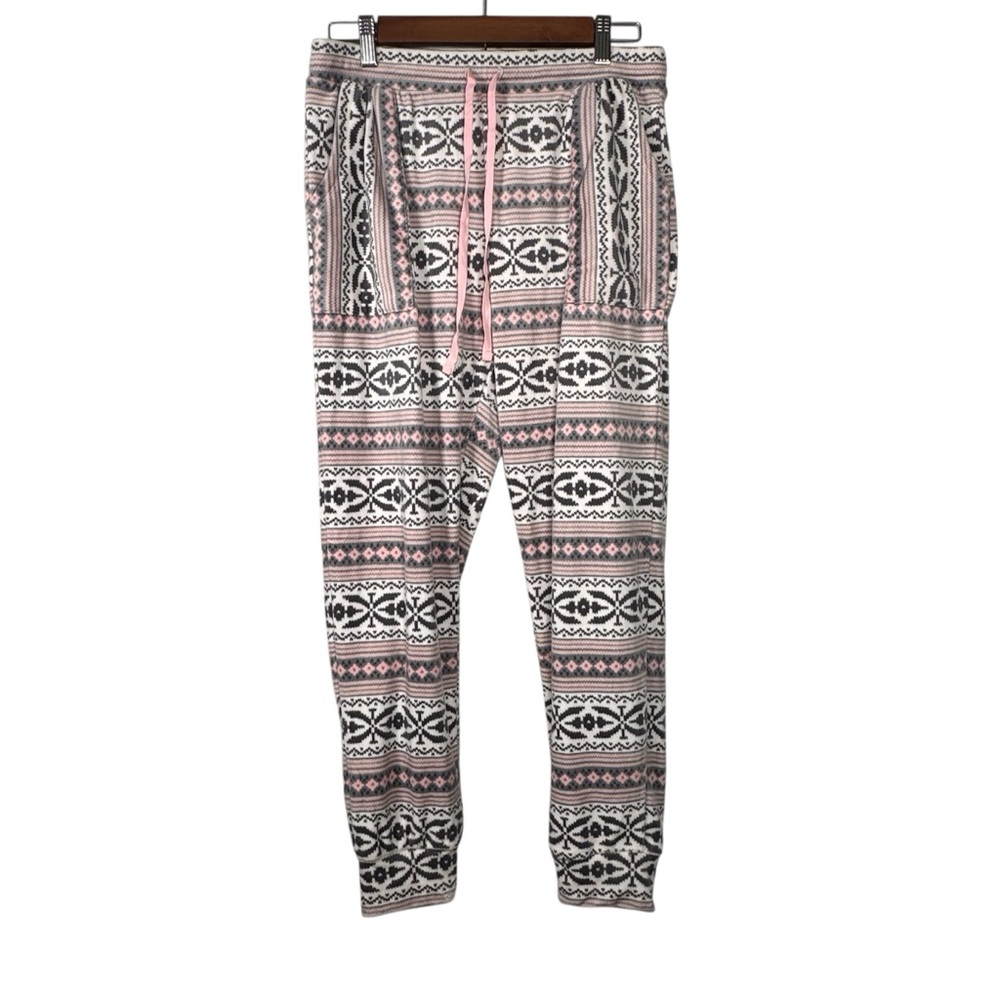 Jane and Bleecker Pajama Pants Small Pink Fair Isle Patch Pockets Soft Fleece